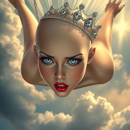 A beautiful bald princess with striking blue eyes and vivid red lips, depicted with an expression of fear as she falls gracefully from the sky