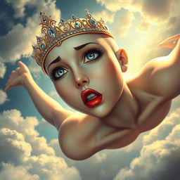A beautiful bald princess with striking blue eyes and vivid red lips, depicted with an expression of fear as she falls gracefully from the sky
