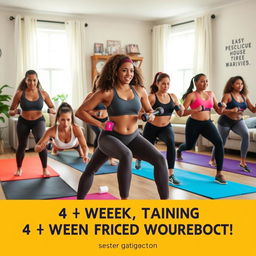 A motivational and energetic home workout scene featuring a diverse group of adults engaged in a 4-week training program