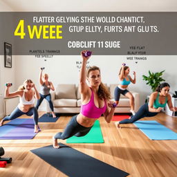 A motivational and energetic home workout scene featuring a diverse group of adults engaged in a 4-week training program