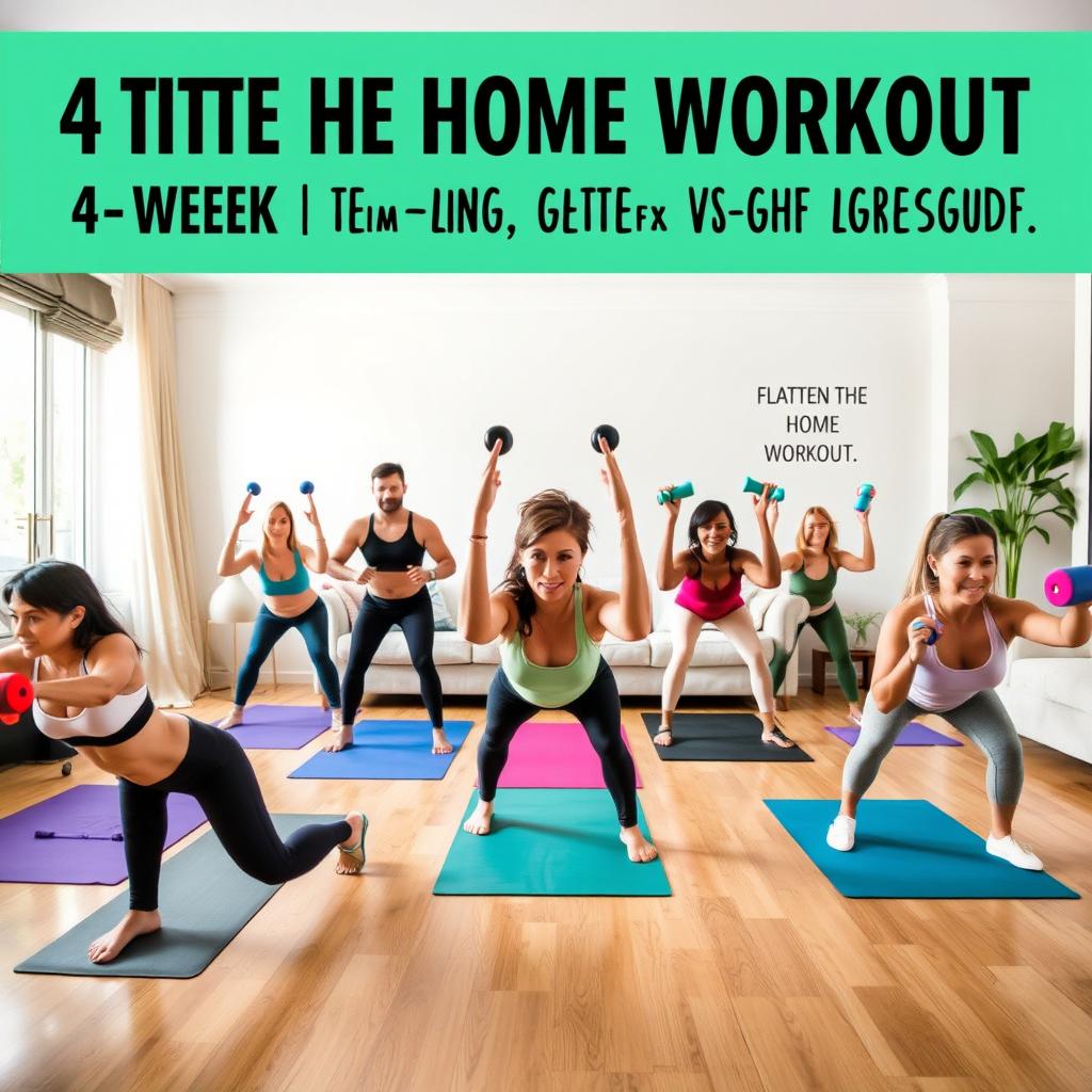 A motivational and energetic home workout scene featuring a diverse group of adults engaged in a 4-week training program