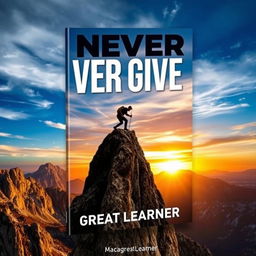 A dynamic book cover for 'Never Give Up' by Great Learner