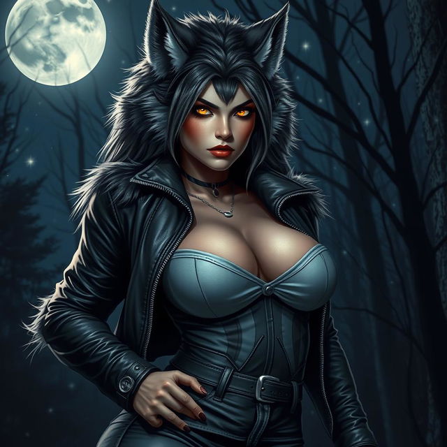 A fearless female werewolf captivatingly luring in the night, showcasing both beauty and strength