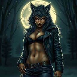 A fearless female werewolf captivatingly luring in the night, showcasing both beauty and strength