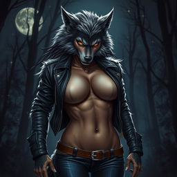 A fearless female werewolf captivatingly luring in the night, showcasing both beauty and strength