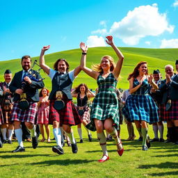 A lively scene depicting Scottish men and women in traditional attire dancing joyously at a vibrant Highland gathering