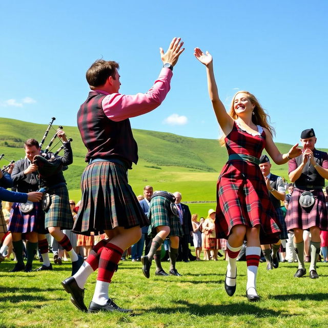 A lively scene depicting Scottish men and women in traditional attire dancing joyously at a vibrant Highland gathering