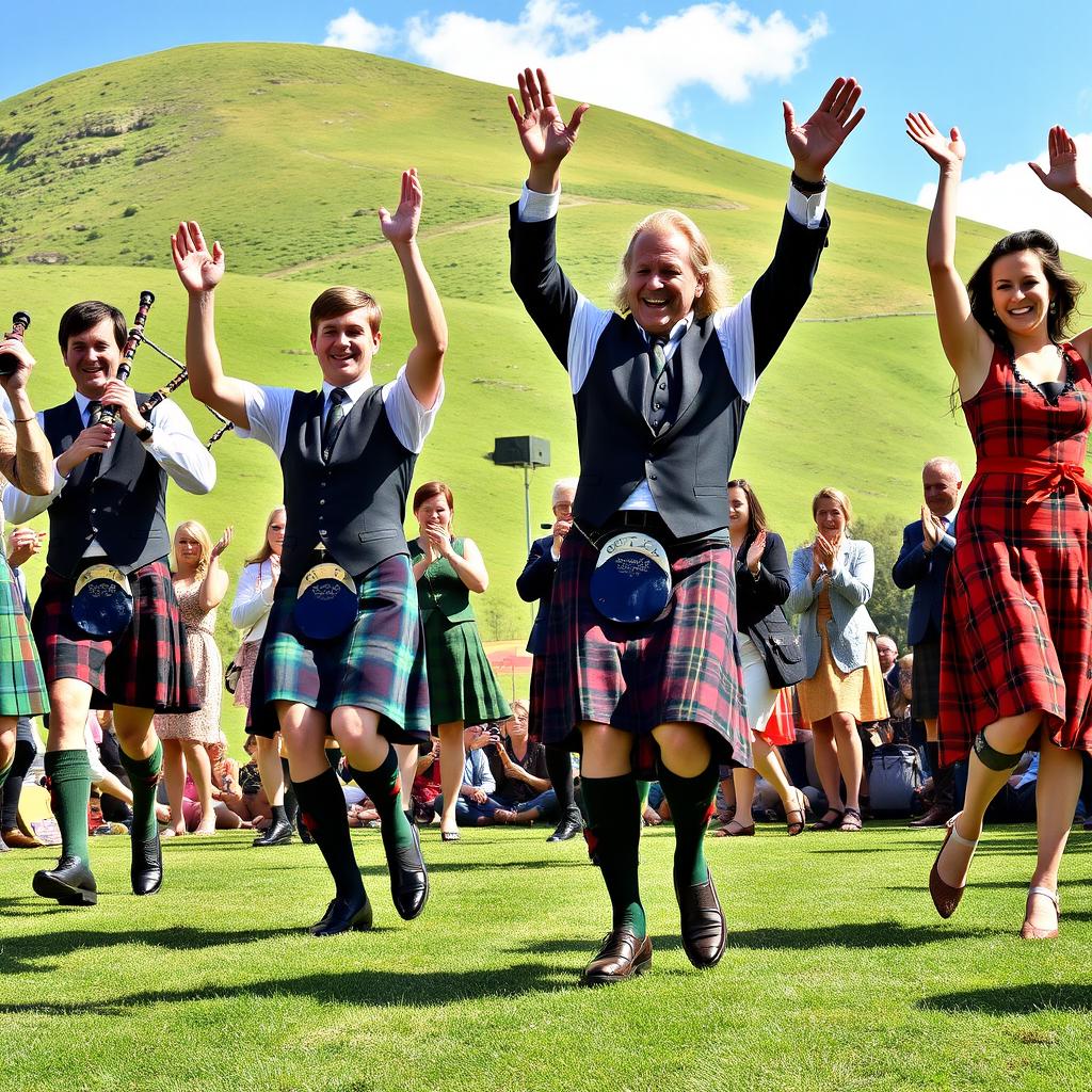 A lively scene depicting Scottish men and women in traditional attire dancing joyously at a vibrant Highland gathering