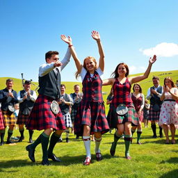 A lively scene depicting Scottish men and women in traditional attire dancing joyously at a vibrant Highland gathering