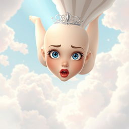 A beautiful bald princess with a delicate tiara, her striking blue eyes wide open in a scared expression, falling gracefully from a bright, fluffy clouded sky