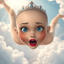 A beautiful bald princess with a delicate tiara, her striking blue eyes wide open in a scared expression, falling gracefully from a bright, fluffy clouded sky