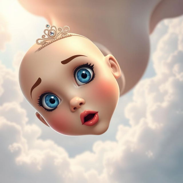 A beautiful bald princess with a delicate tiara, her striking blue eyes wide open in a scared expression, falling gracefully from a bright, fluffy clouded sky