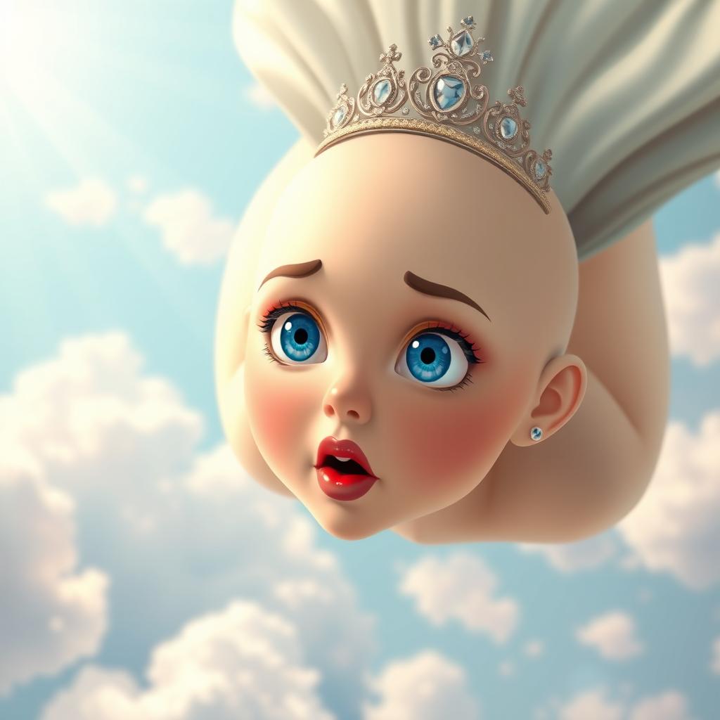 A beautiful bald princess with a delicate tiara, her striking blue eyes wide open in a scared expression, falling gracefully from a bright, fluffy clouded sky
