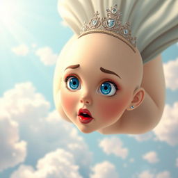 A beautiful bald princess with a delicate tiara, her striking blue eyes wide open in a scared expression, falling gracefully from a bright, fluffy clouded sky