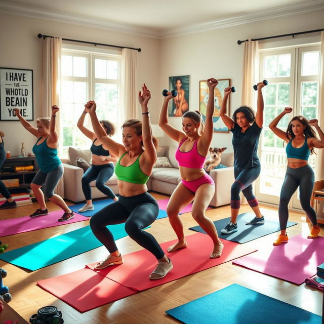 An engaging and dynamic home workout scene showcasing a four-week training program focused on flattening the belly and sculpting the glutes