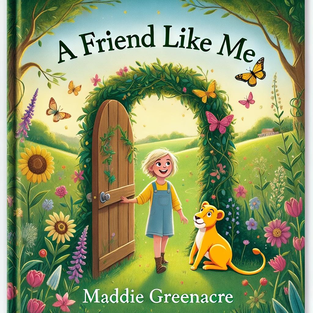 A whimsical cartoon lioness standing beside a young girl in a vibrant, enchanting garden scene