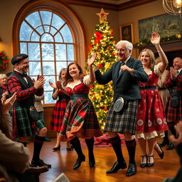 A festive scene depicting Scottish men and women in traditional attire dancing joyously during a Christmas celebration