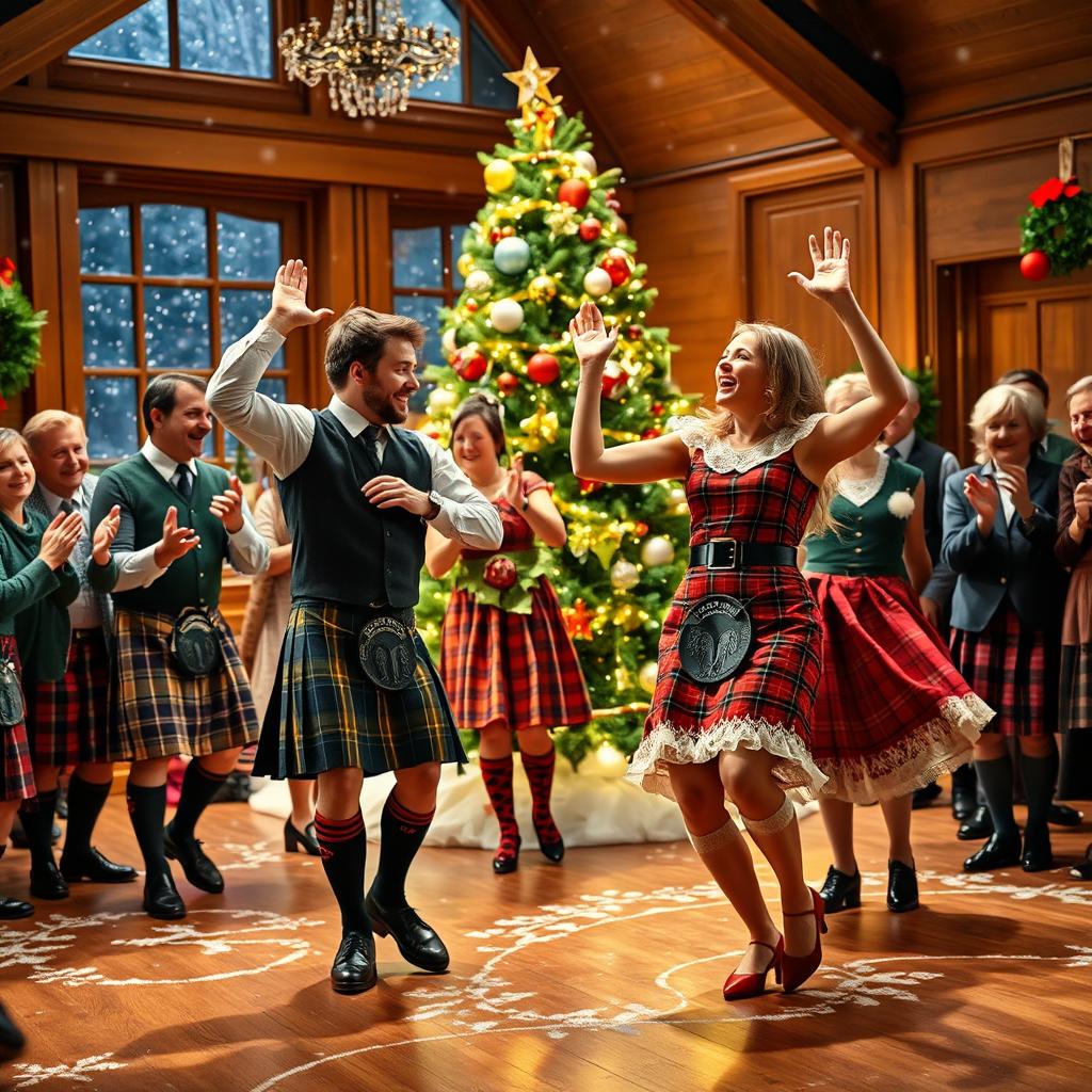 A festive scene depicting Scottish men and women in traditional attire dancing joyously during a Christmas celebration