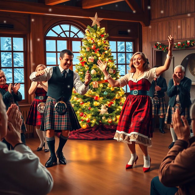 A festive scene depicting Scottish men and women in traditional attire dancing joyously during a Christmas celebration