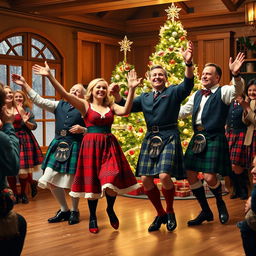 A festive scene depicting Scottish men and women in traditional attire dancing joyously during a Christmas celebration