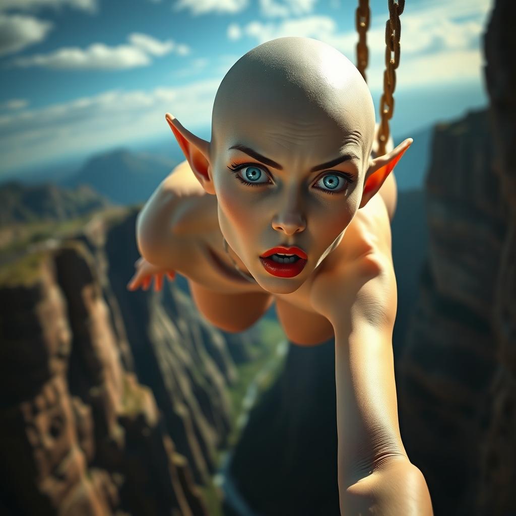 A beautiful bald elf woman with striking blue eyes and luscious red lips, displaying a scared expression, is dramatically falling off a cliff