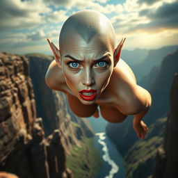 A beautiful bald elf woman with striking blue eyes and luscious red lips, displaying a scared expression, is dramatically falling off a cliff