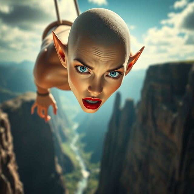 A beautiful bald elf woman with striking blue eyes and luscious red lips, displaying a scared expression, is dramatically falling off a cliff