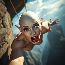 A beautiful bald elf woman with striking blue eyes and luscious red lips, displaying a scared expression, is dramatically falling off a cliff