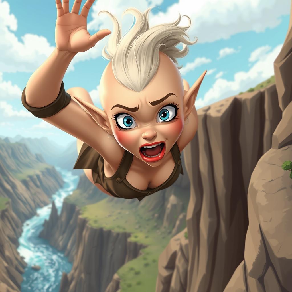 A beautiful bald toon elf woman with striking blue eyes and vibrant red lips, depicted mid-fall off a cliff