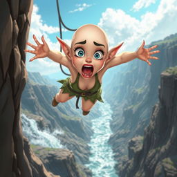 A beautiful bald toon elf woman with striking blue eyes and vibrant red lips, depicted mid-fall off a cliff
