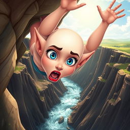 A beautiful bald toon elf woman with striking blue eyes and vibrant red lips, depicted mid-fall off a cliff