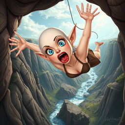 A beautiful bald toon elf woman with striking blue eyes and vibrant red lips, depicted mid-fall off a cliff