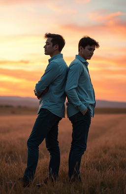 A couple standing back-to-back on a field at sunset, their bodies slightly apart, creating a sense of distance