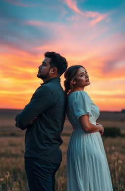 A couple standing back-to-back on a field at sunset, their bodies slightly apart, creating a sense of distance