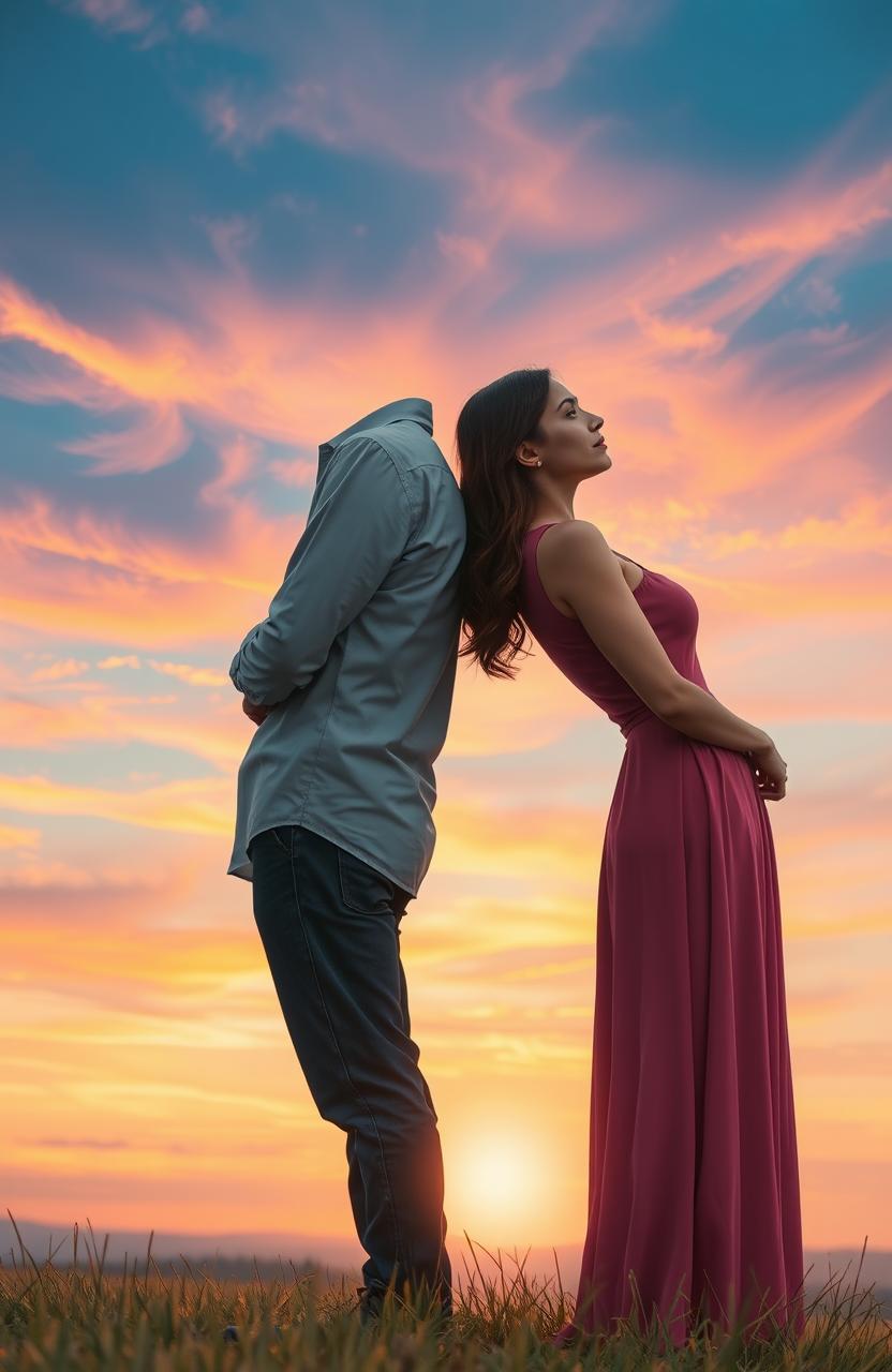 A couple standing back-to-back on a field at sunset, their bodies slightly apart, creating a sense of distance