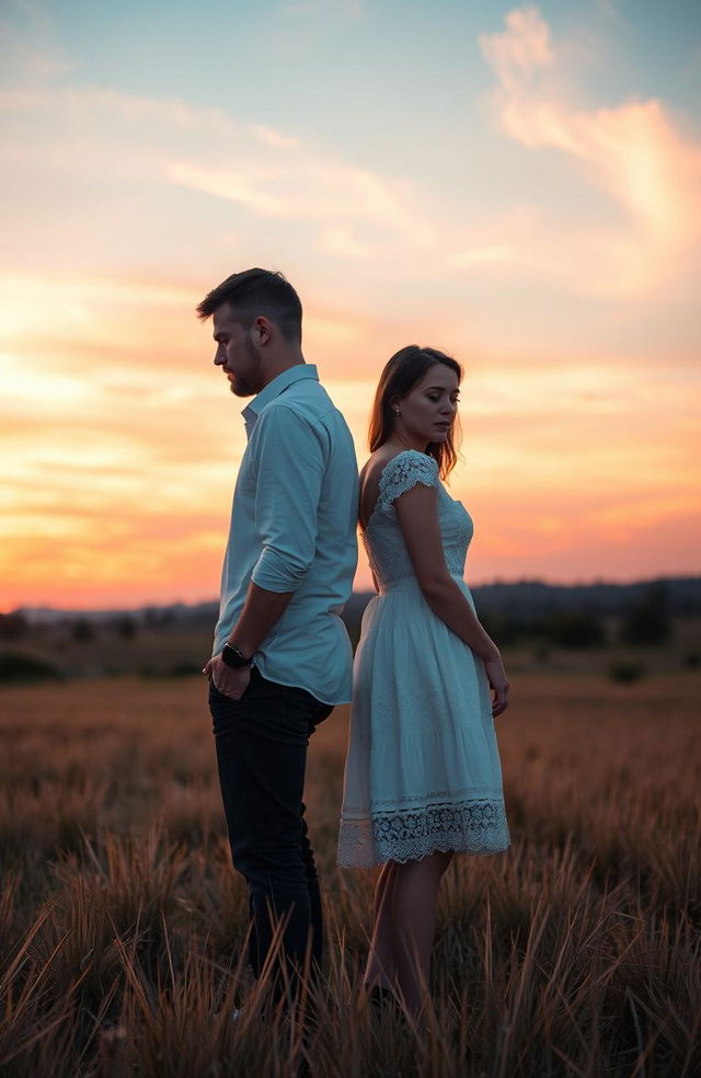 A couple standing back-to-back on a field at sunset, their bodies slightly apart, creating a sense of distance