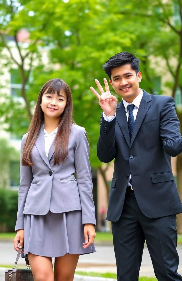 A high school girl student with long ash brown hair, wearing a stylish school uniform consisting of a blazer and skirt, standing next to a man with short black hair dressed in a sharp suit