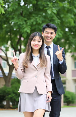 A high school girl student with long ash brown hair, wearing a stylish school uniform consisting of a blazer and skirt, standing next to a man with short black hair dressed in a sharp suit
