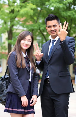 A high school girl student with long ash brown hair, wearing a stylish school uniform consisting of a blazer and skirt, standing next to a man with short black hair dressed in a sharp suit