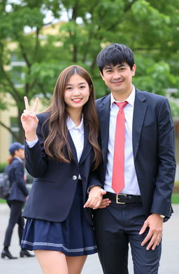 A high school girl student with long ash brown hair, wearing a stylish school uniform consisting of a blazer and skirt, standing next to a man with short black hair dressed in a sharp suit