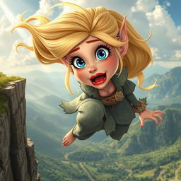 A beautiful blonde toon elf woman with vibrant blue eyes and striking red lips, expressing a scared emotion, is captured mid-fall off a cliff