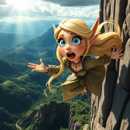 A beautiful blonde toon elf woman with vibrant blue eyes and striking red lips, expressing a scared emotion, is captured mid-fall off a cliff