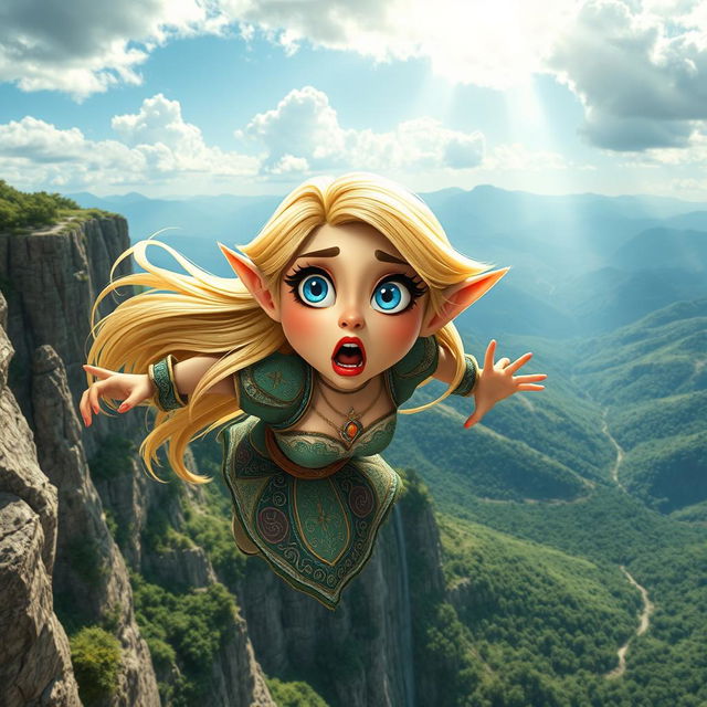 A beautiful blonde toon elf woman with vibrant blue eyes and striking red lips, expressing a scared emotion, is captured mid-fall off a cliff