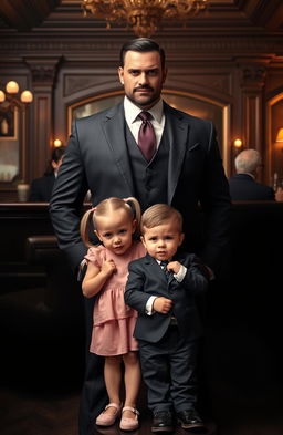 A dashing and mighty mafia figure in a sharp tailored suit, exuding confidence and charisma, standing behind four-year-old twins, a girl with blonde pigtails wearing a cute pink dress and a boy with short brown hair wearing a smart little suit