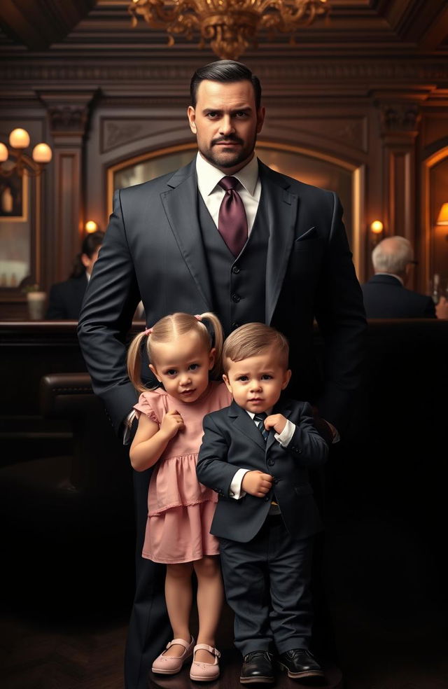 A dashing and mighty mafia figure in a sharp tailored suit, exuding confidence and charisma, standing behind four-year-old twins, a girl with blonde pigtails wearing a cute pink dress and a boy with short brown hair wearing a smart little suit