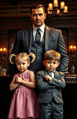A dashing and mighty mafia figure in a sharp tailored suit, exuding confidence and charisma, standing behind four-year-old twins, a girl with blonde pigtails wearing a cute pink dress and a boy with short brown hair wearing a smart little suit