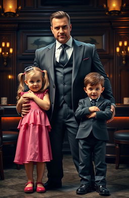 A dashing and mighty mafia figure in a sharp tailored suit, exuding confidence and charisma, standing behind four-year-old twins, a girl with blonde pigtails wearing a cute pink dress and a boy with short brown hair wearing a smart little suit