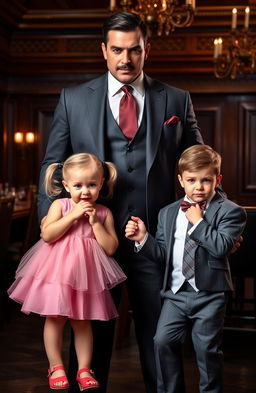A dashing and mighty mafia figure in a sharp tailored suit, exuding confidence and charisma, standing behind four-year-old twins, a girl with blonde pigtails wearing a cute pink dress and a boy with short brown hair wearing a smart little suit