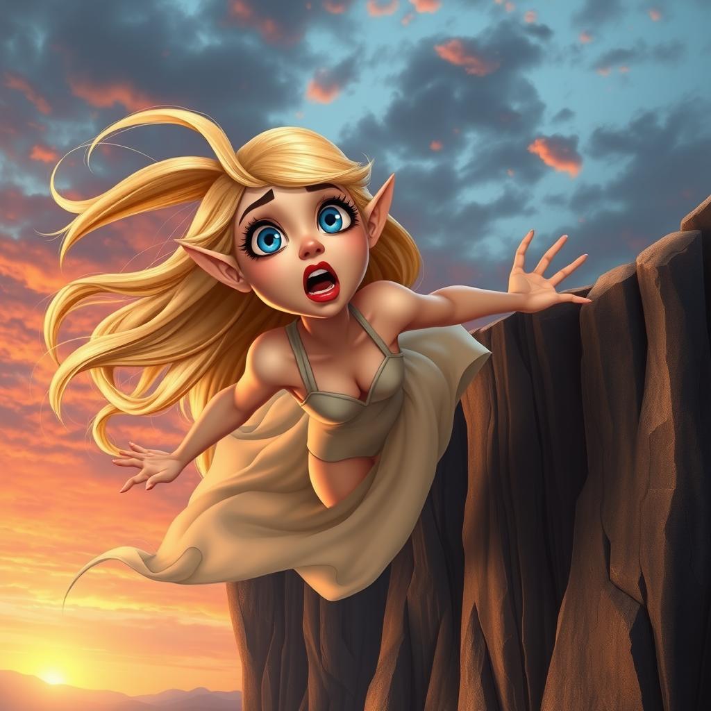 A stunning blonde toon elf woman with bright blue eyes and vibrant red lips, depicted in a moment of surprise as she falls off a cliff