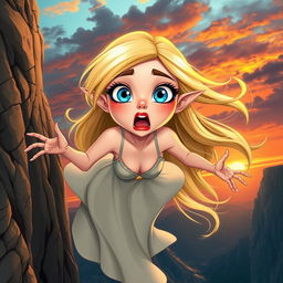 A stunning blonde toon elf woman with bright blue eyes and vibrant red lips, depicted in a moment of surprise as she falls off a cliff